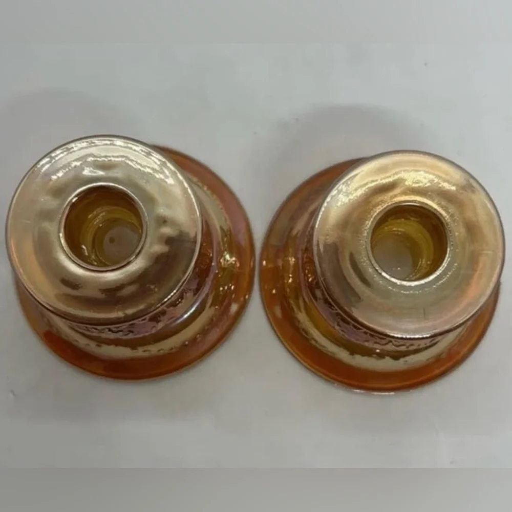 Pair Carnival Glass Federal Candle Holders Madrid Marigold